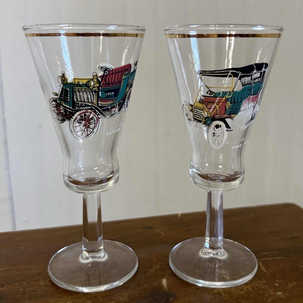 Vintage Classic Car Stemmed Flared Shot Glasses Ford & Ceirano Painted Gold Ring